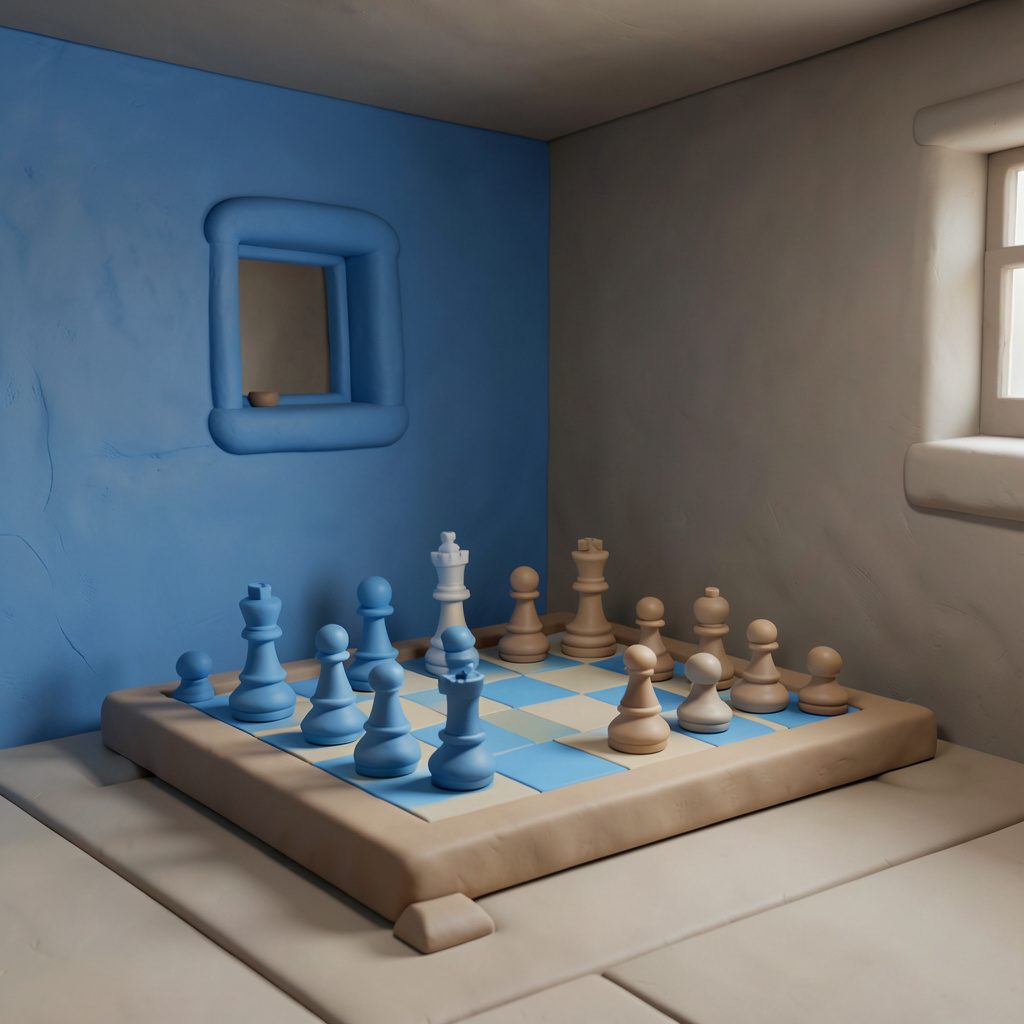 Warmly lit chess-themed photo room with oversized chess pieces against a dark backdrop