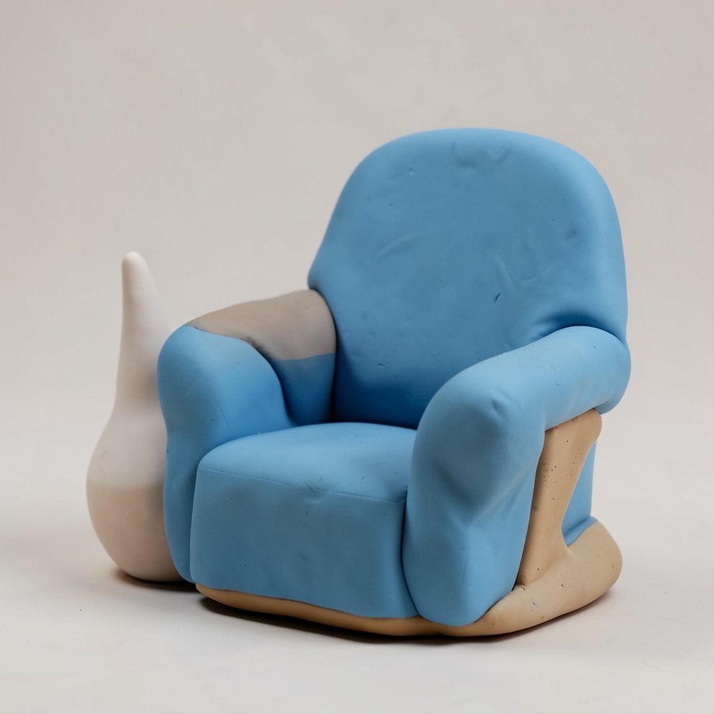 Cozy clay-style selfie museum lounge area with soft rounded pink and teal furniture and warm lighting